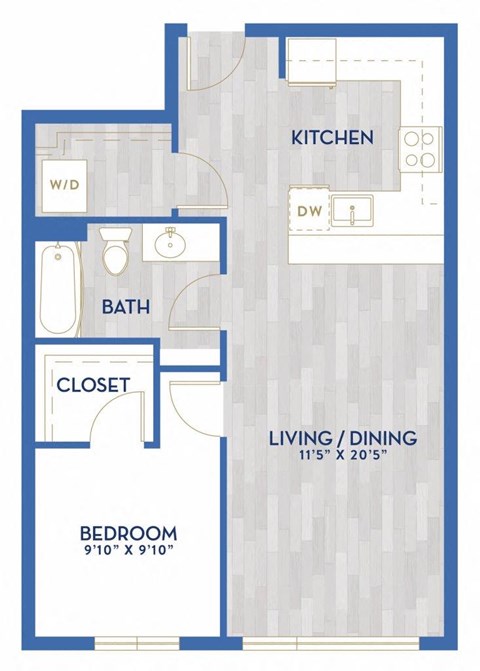 Floor plan for 1 bed, 1 bath, 700 sqft